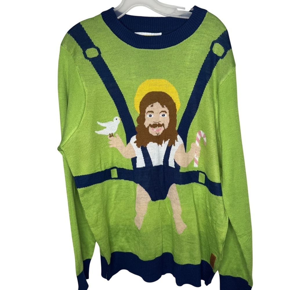 Tipsy Elves Mens Baby jesus With Carrier Ugly Christmas Sweater Green XL.